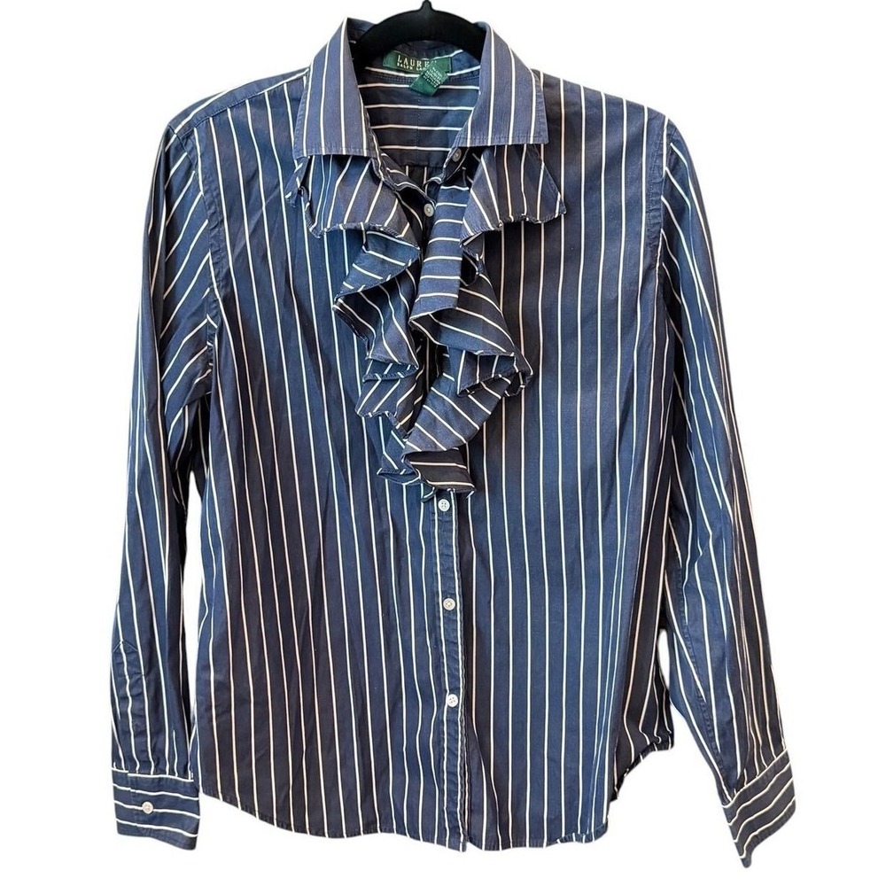 Lauren Ralph Lauren Shirt Navy Blue Striped Ruffle Dark Academia Size Large